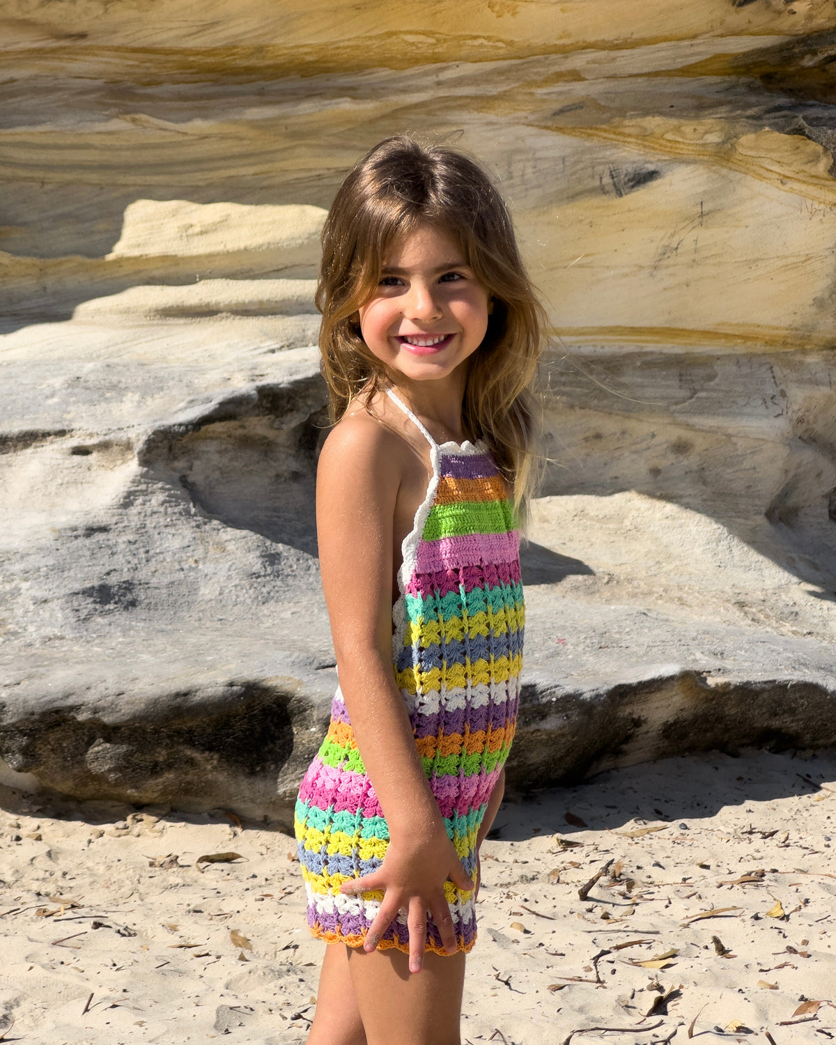 Mermaid Crochet Dress & Hat in Rainbow, girls' crochet beach dress, front view