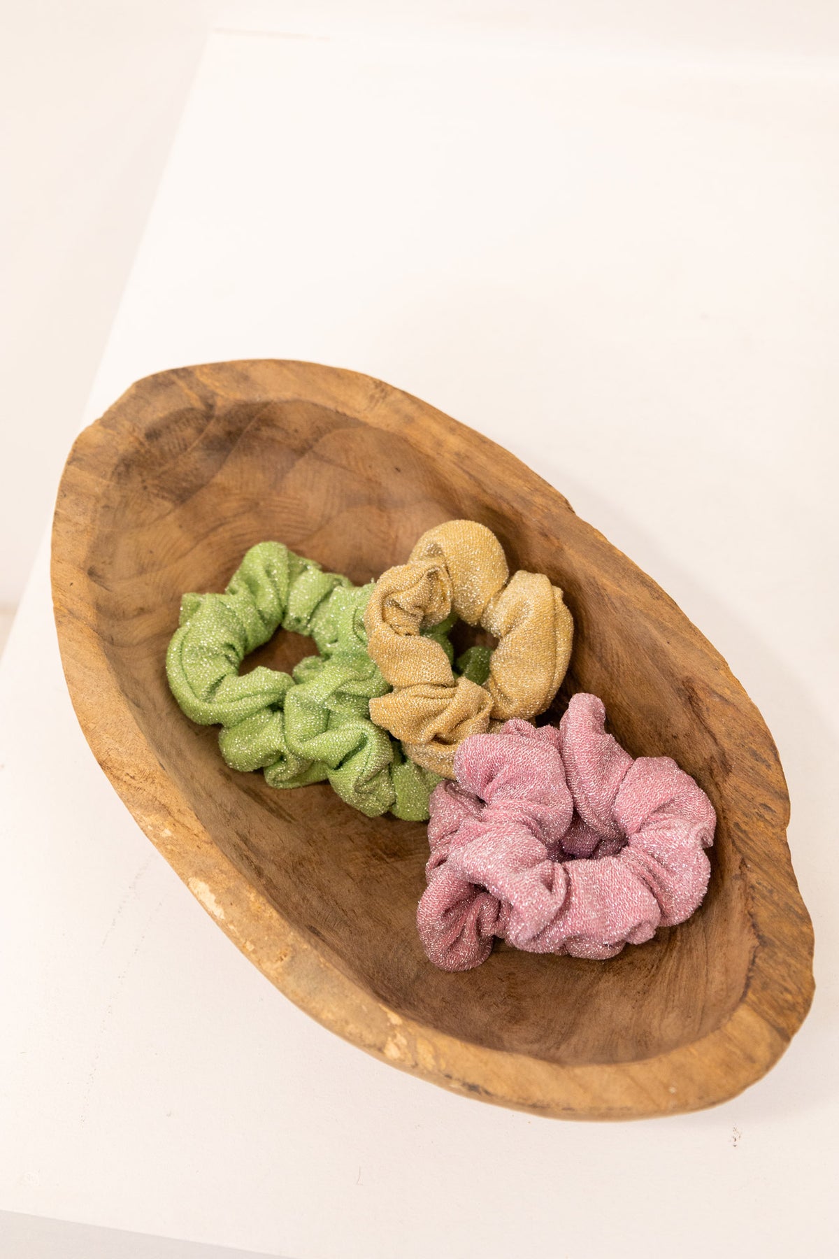 Sparkle Scrunchies in Green, Gold and Pink, kids' sparkle hair scrunchies in a wooden bowl
