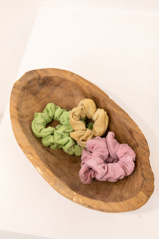 Sparkle Scrunchies in Green, Gold and Pink, kids' sparkle hair scrunchies in a wooden bowl
