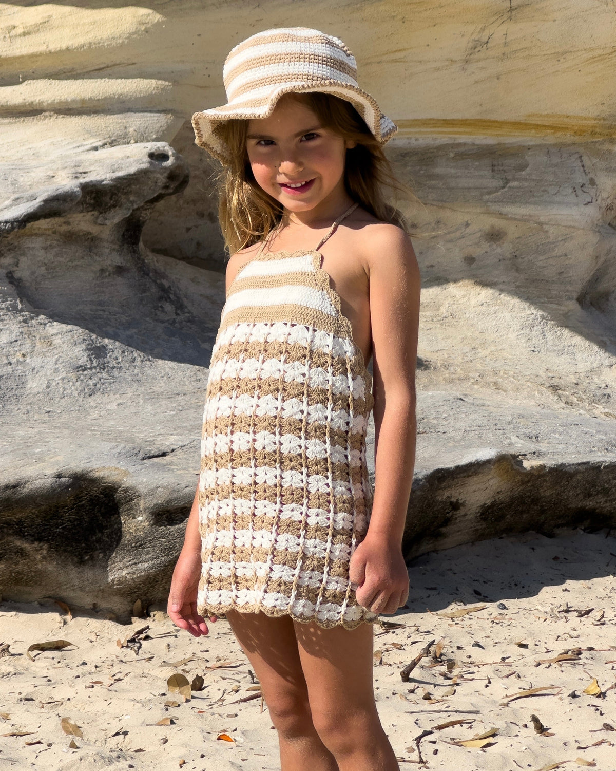 Mermaid Crochet Dress & Hat in Beige, girls' crochet beach dress and bucket hat, front view