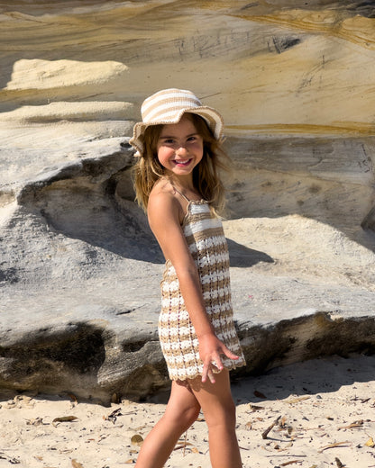 Mermaid Crochet Dress & Hat in Beige, girls' crochet beach dress and bucket hat, side view