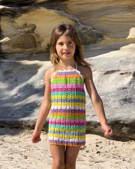 Mermaid Crochet Dress & Hat in Rainbow, girls' crochet beach dress, full length