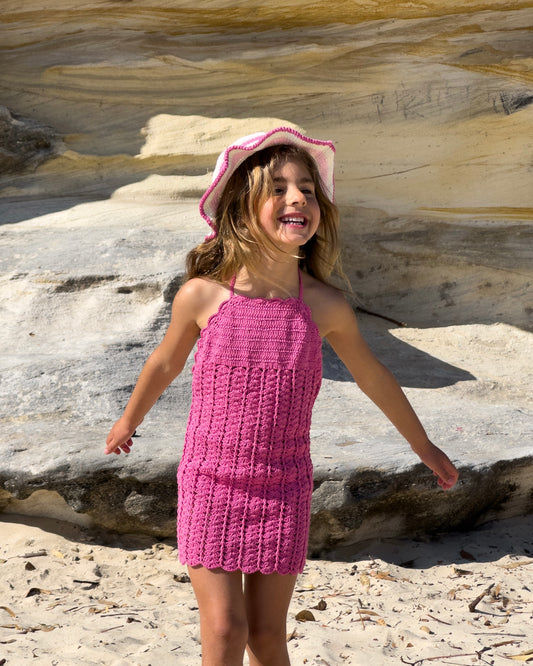 Mermaid Crochet Dress & Hat in Pink, girls' crochet beach dress and bucket hat, front view