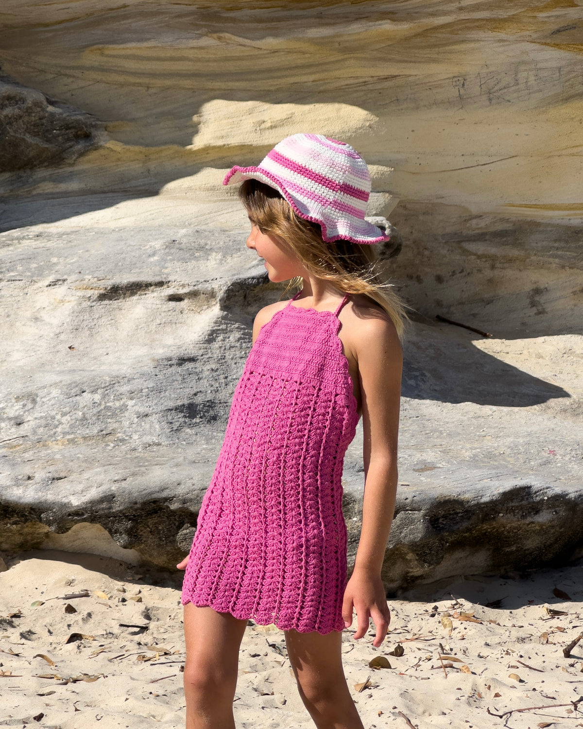 Mermaid Crochet Dress & Hat in Pink, girls' crochet beach dress and bucket hat, side view