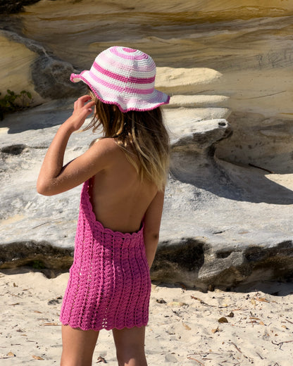 Mermaid Crochet Dress & Hat in Pink, girls' crochet beach dress and bucket hat, back view
