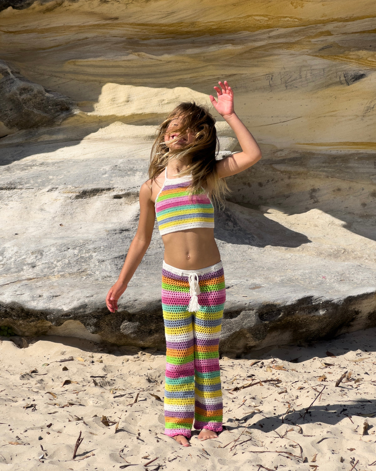 Colourful Crochet Set, girls' striped rainbow crochet top and pants, full length