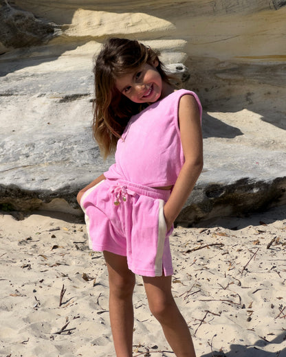 Terry Set in Pink, girls' terry towelling top and shorts set, front view