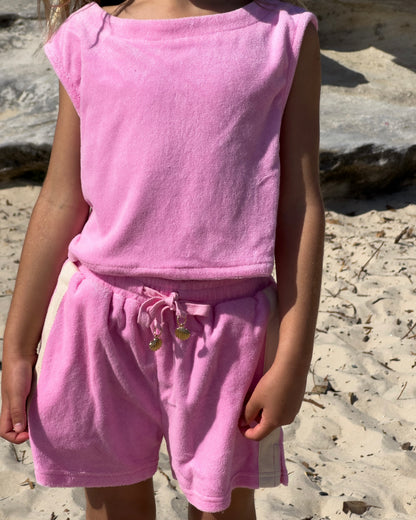 Terry Set in Pink, girls' terry towelling top and shorts set, close-up