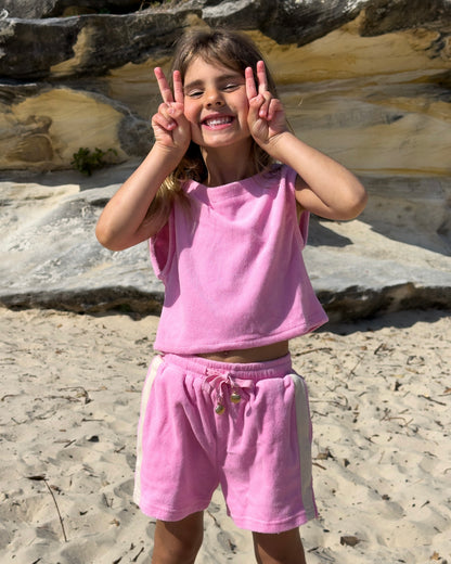 Terry Set in Pink, girls' terry towelling top and shorts set, front view