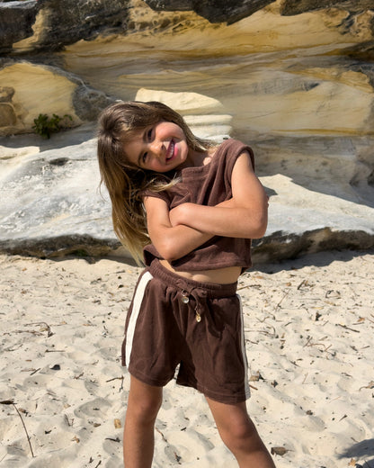 Terry Set in Brown, girls' terry towelling top and shorts set, front view