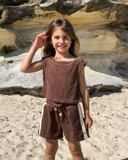 Terry Set in Brown, girls' terry towelling top and shorts set, front view