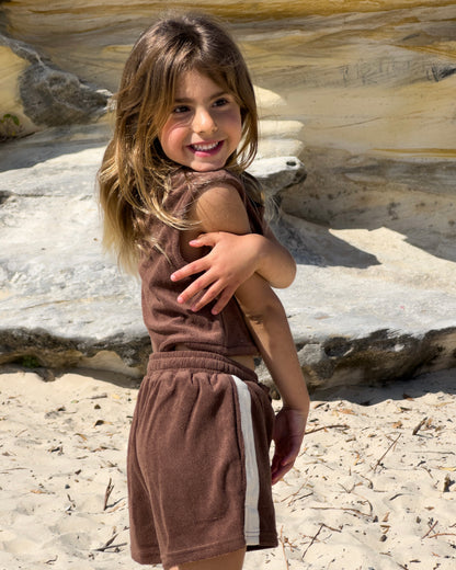 Terry Set in Brown, girls' terry towelling top and shorts set, side view