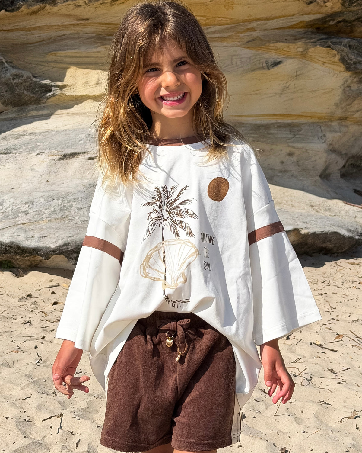 Island Vibes Only Tee, girls' oversized white palm tree tee, front view