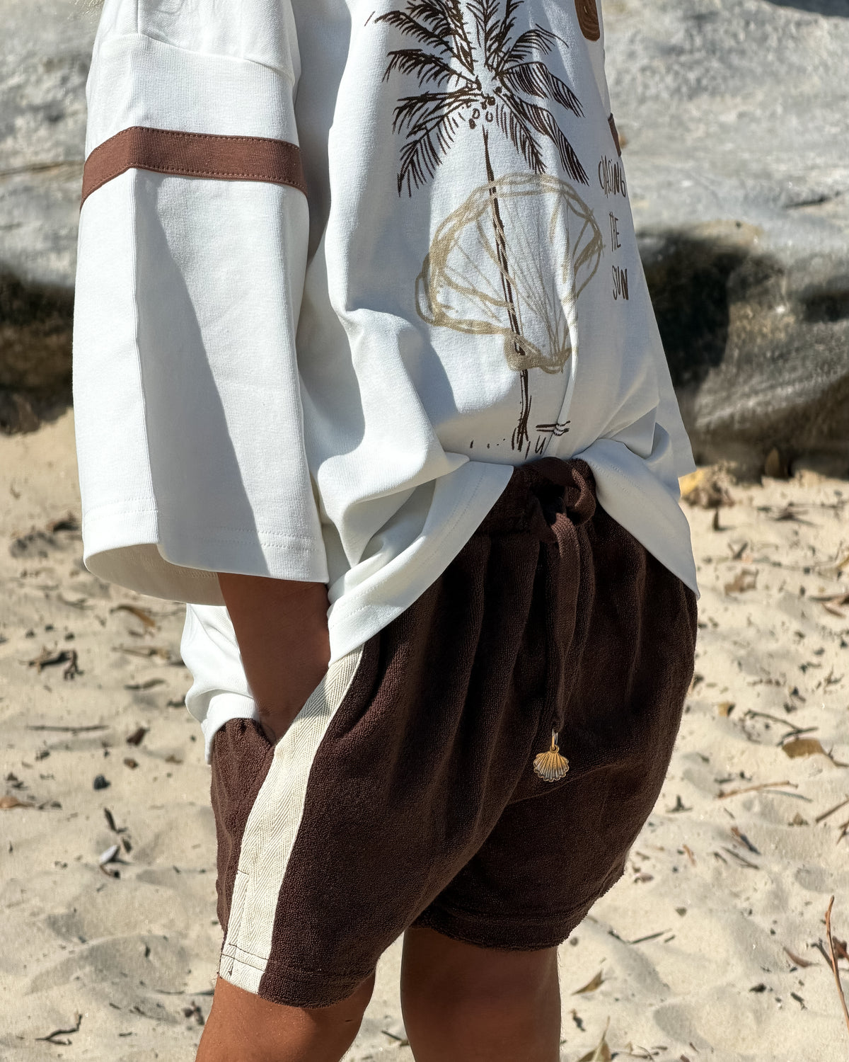 Island Vibes Only Tee, girls' oversized white palm tree tee, close-up