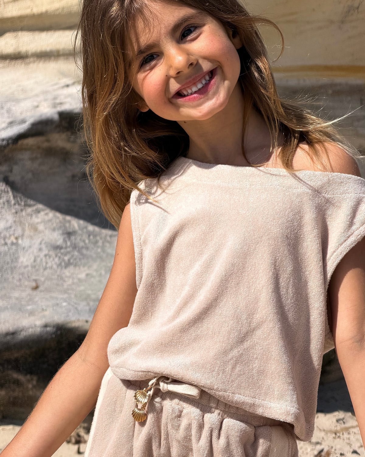 Terry Set in Beige, girls' terry towelling top and shorts set, close-up