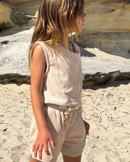 Terry Set in Beige, girls' terry towelling top and shorts set, side view