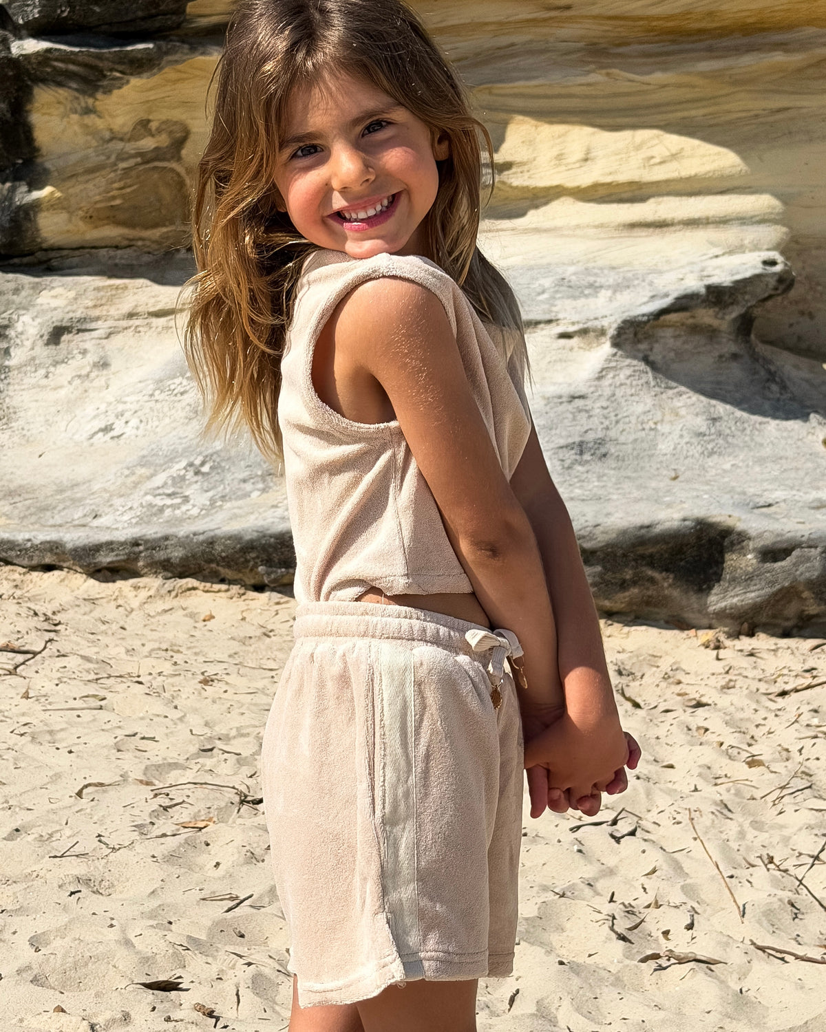 Terry Set in Beige, girls' terry towelling top and shorts set, front view