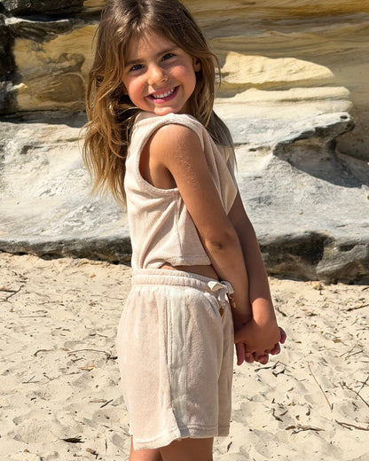Terry Set in Beige, girls' terry towelling top and shorts set, front view