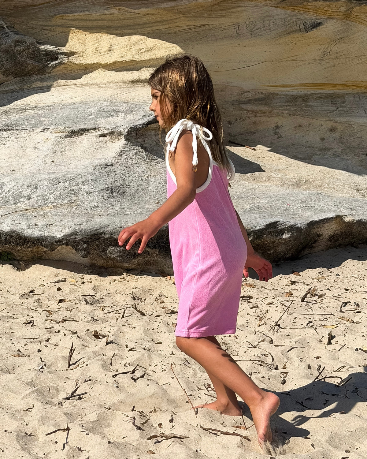 Terry Dress in Pink, girls' terry towelling tie-strap dress, side view