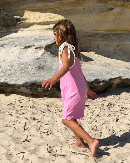 Terry Dress in Pink, girls' terry towelling tie-strap dress, side view