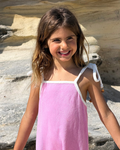 Terry Dress in Pink, girls' terry towelling tie-strap dress, front view