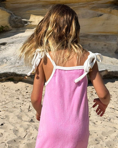 Terry Dress in Pink, girls' terry towelling tie-strap dress, back view