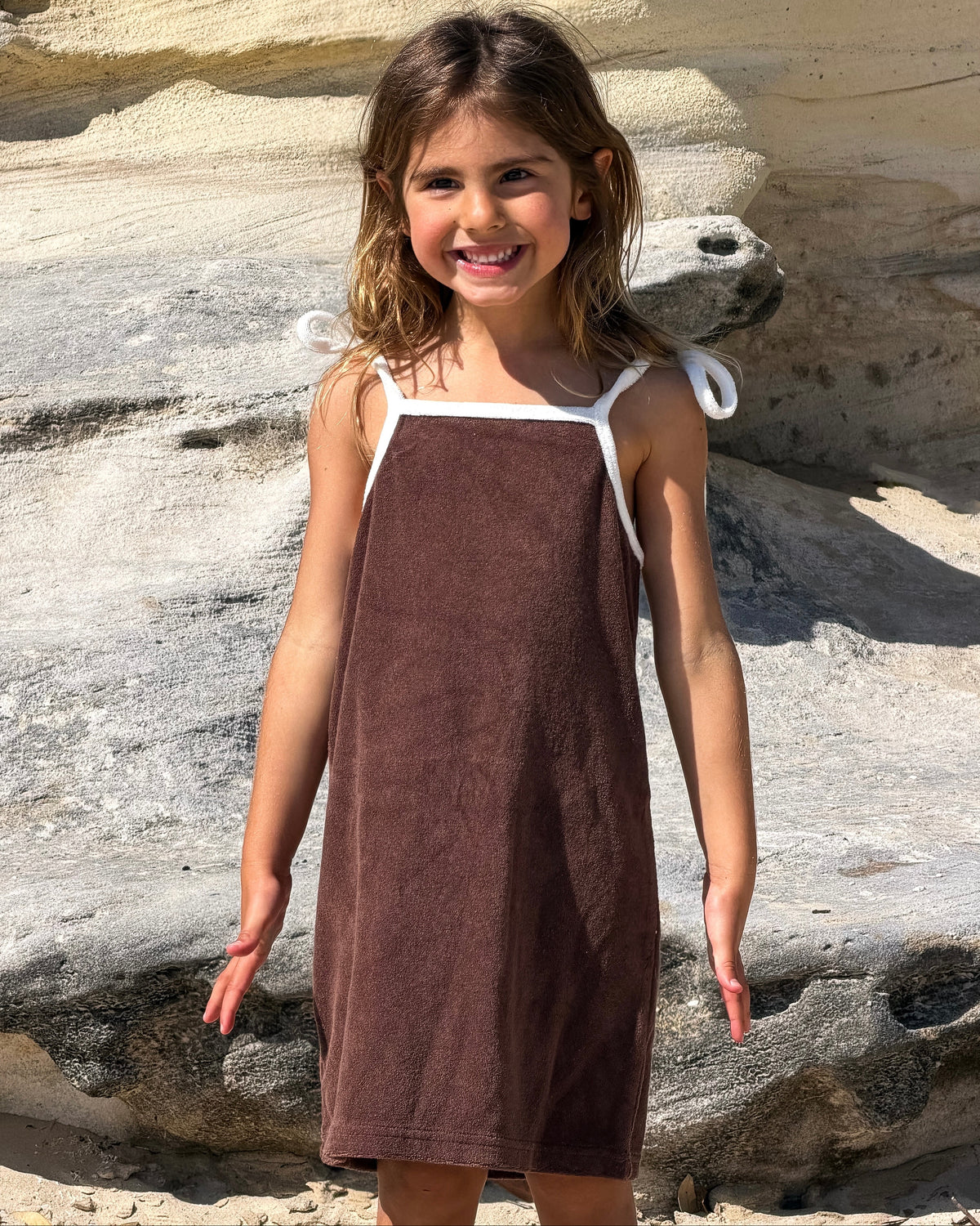 Terry Dress in Brown, girls' terry towelling tie-strap dress, front view