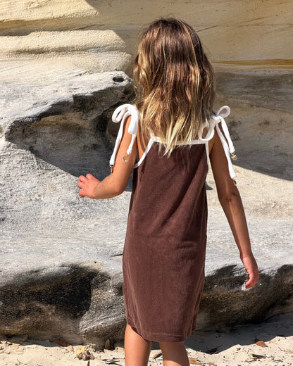 Terry Dress in Brown, girls' terry towelling tie-strap dress, back view
