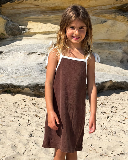 Terry Dress in Brown, girls' terry towelling tie-strap dress, front view