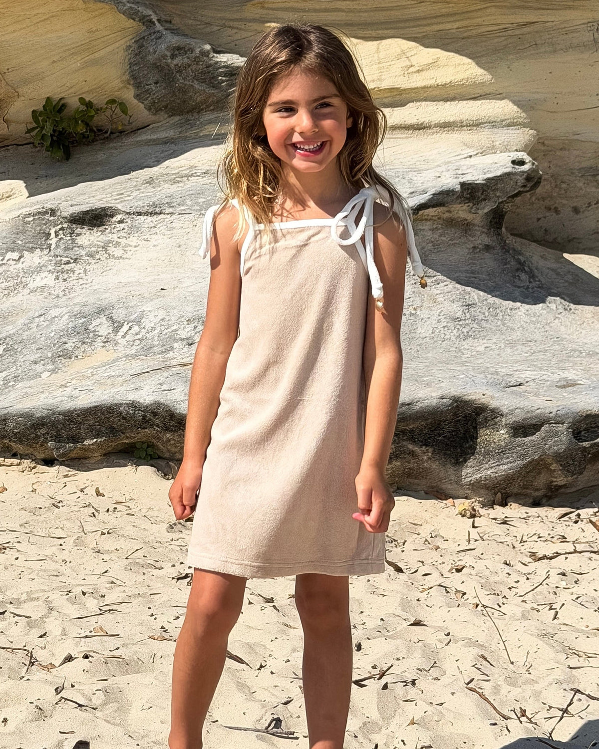 Terry Dress in Beige, girls' terry towelling tie-strap dress, front view
