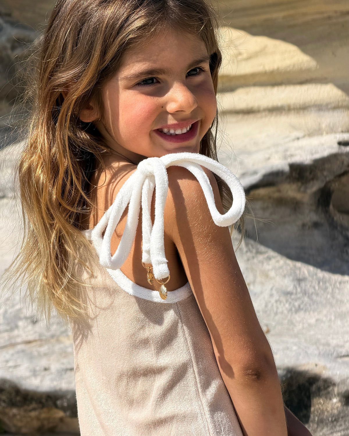 Terry Dress in Beige, girls' terry towelling tie-strap dress, side view