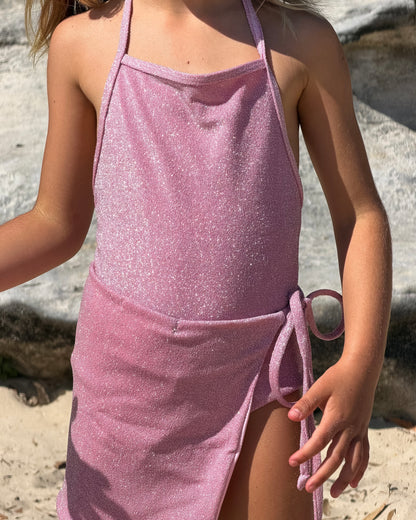 Sparkle One Piece and Sparkle Sarong in Pink, girls' sparkle swimsuit and wrap sarong, close-up