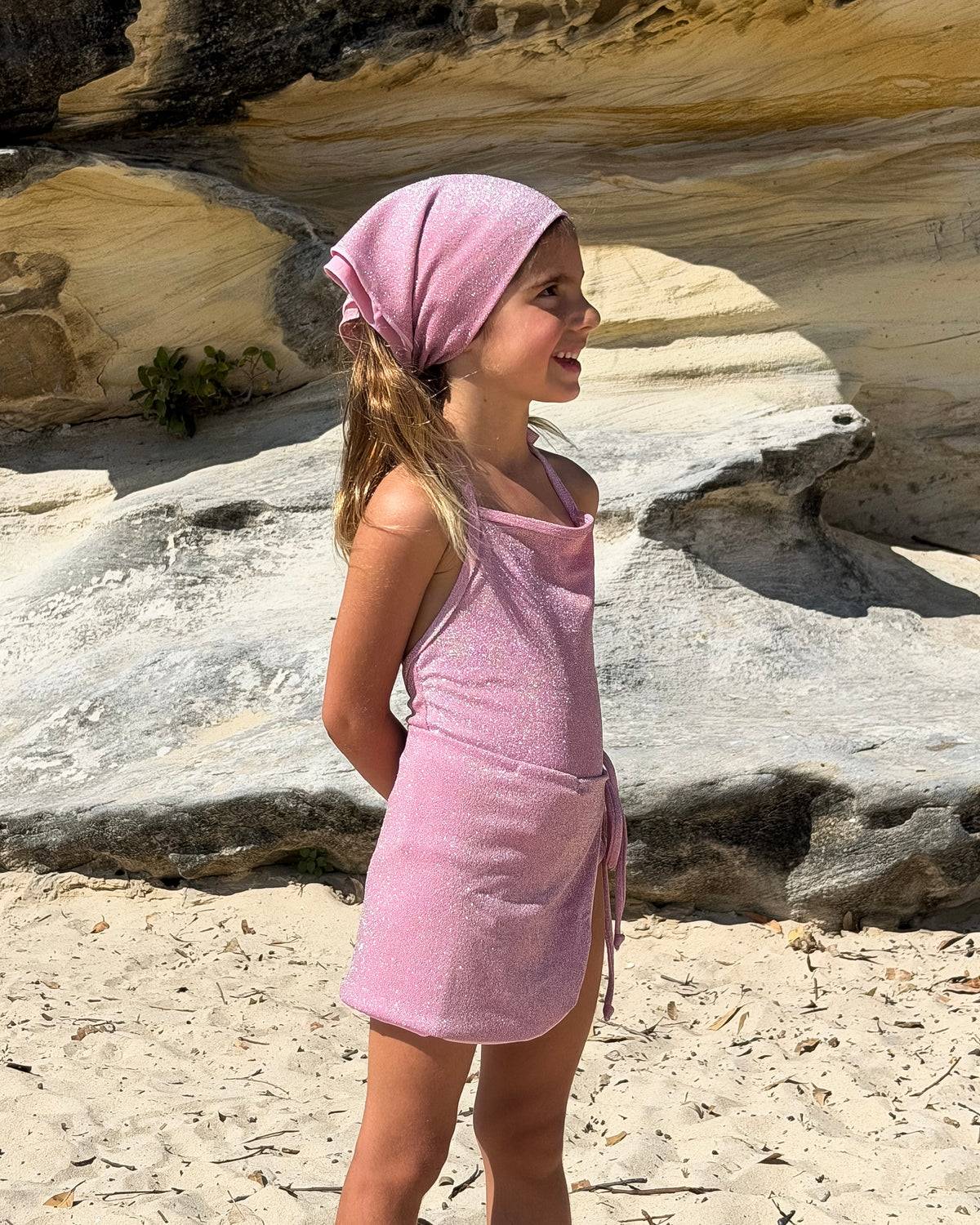 Sparkle Sarong in Pink, girls' sparkle wrap sarong, side view