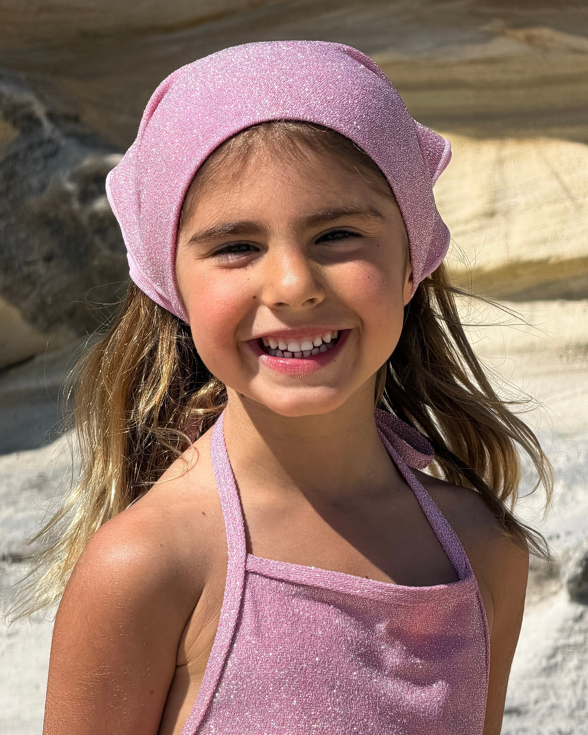 Sparkle Bandana in Pink, kids' sparkle head scarf, front view