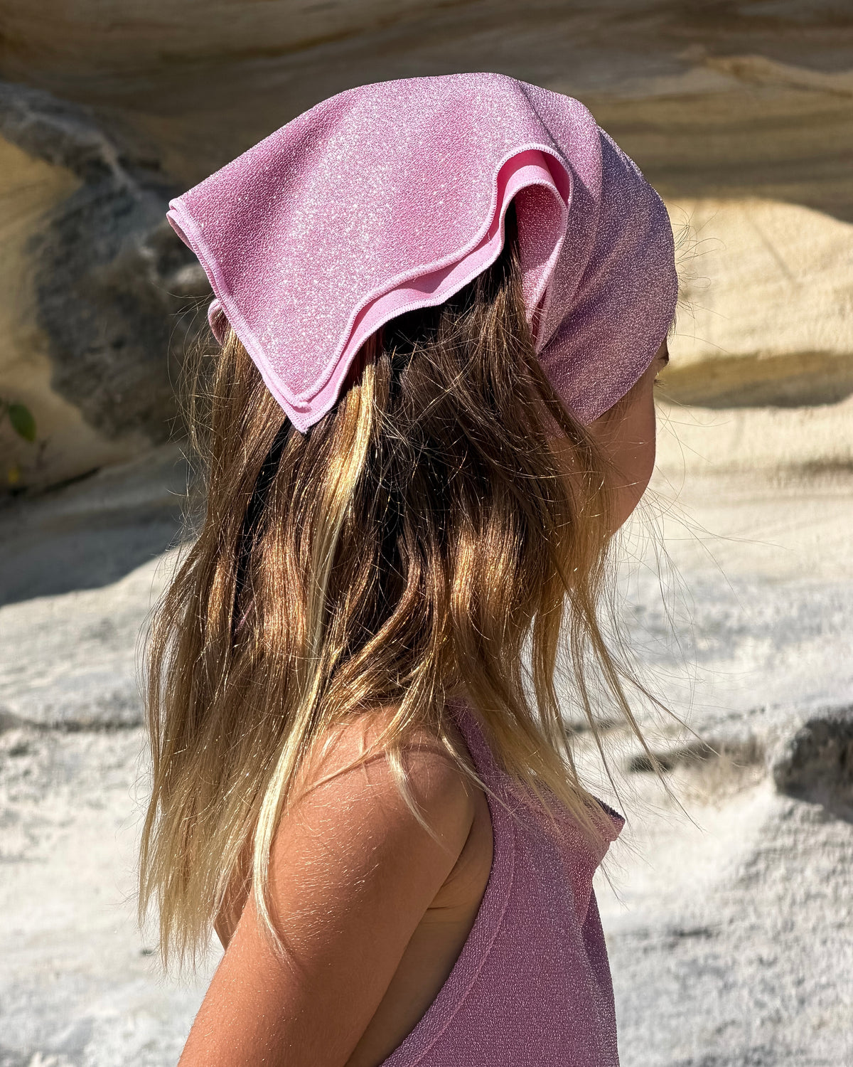 Sparkle Bandana in Pink, kids' sparkle head scarf, back view