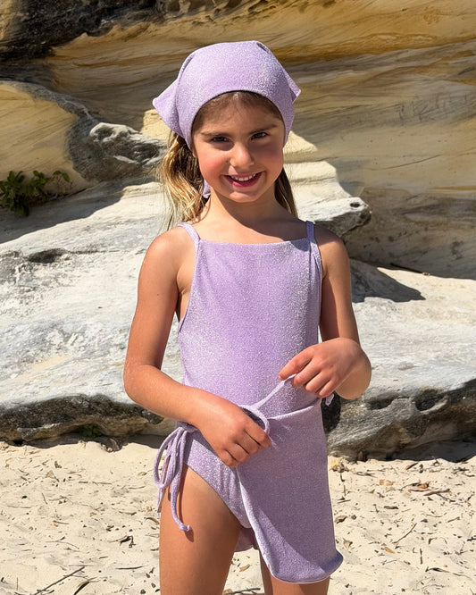 Sparkle One Piece and Sparkle Sarong in Purple, girls' sparkle swimsuit and wrap sarong, front view