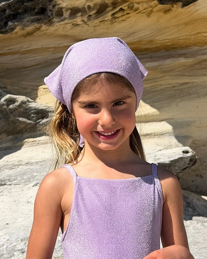 Sparkle Bandana in Purple, kids' sparkle head scarf, front view