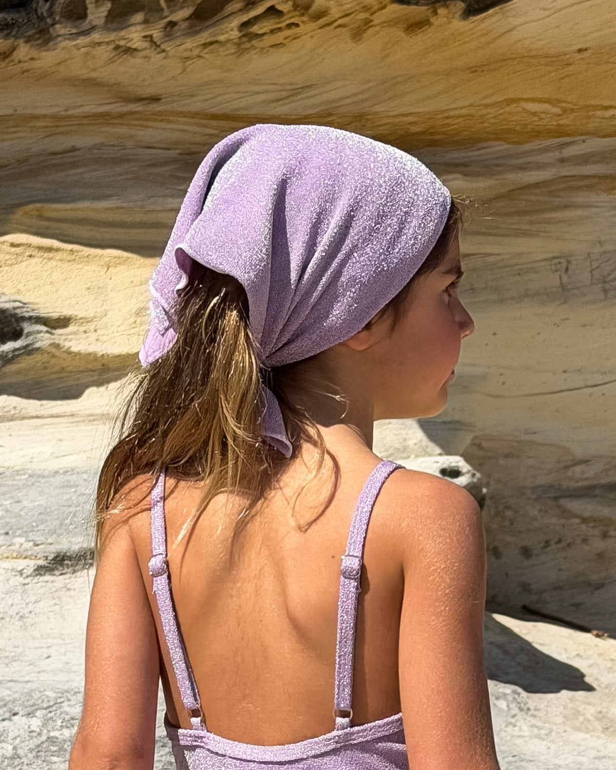 Sparkle Bandana in Purple, kids' sparkle head scarf, back view