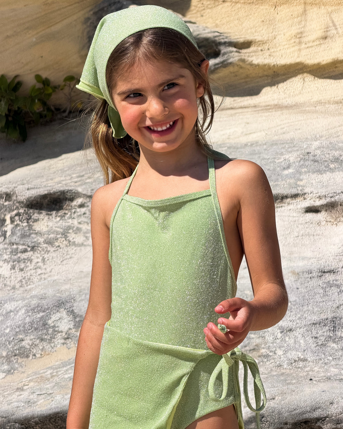 Sparkle One Piece and Sparkle Sarong in Green, girls' sparkle swimsuit and wrap sarong, front view