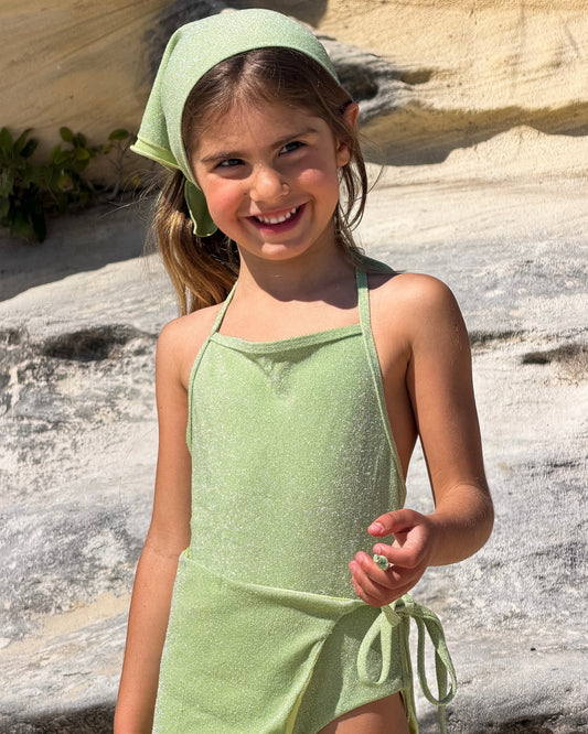 Sparkle One Piece and Sparkle Sarong in Green, girls' sparkle swimsuit and wrap sarong, front view