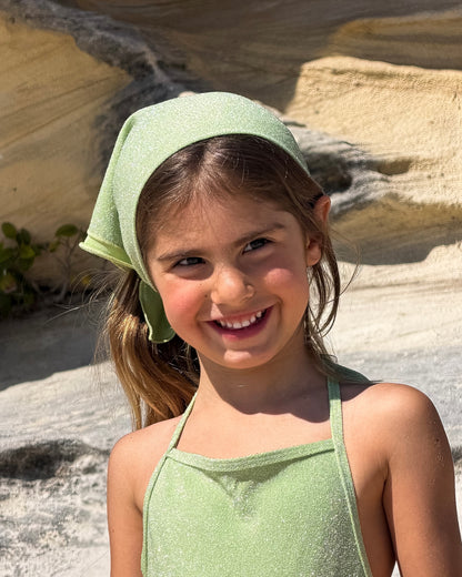 Sparkle Bandana in Green, kids' sparkle head scarf, front view