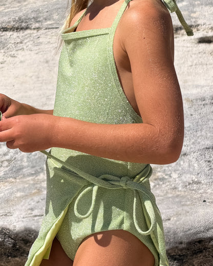 Sparkle One Piece in Green, girls' sparkle swimsuit, close-up