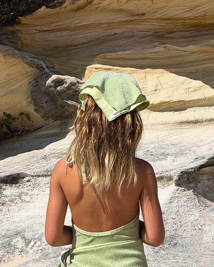 Sparkle Bandana in Green, kids' sparkle head scarf, back view