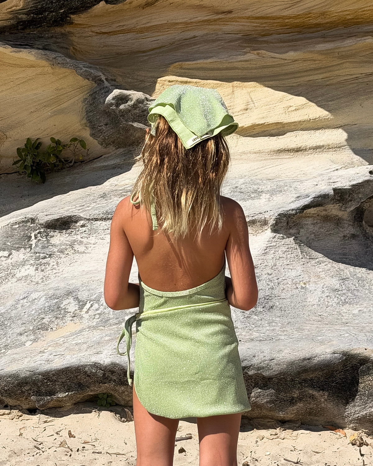 Sparkle One Piece in Green, girls' sparkle swimsuit, back view