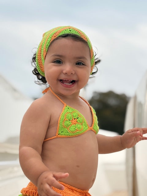 Bambina Ruffle Set in Green & Orange, crochet bikini top on a toddler, close-up
