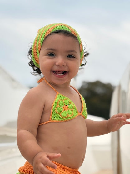 Bambina Ruffle Set in Green & Orange, crochet bikini top on a toddler, close-up