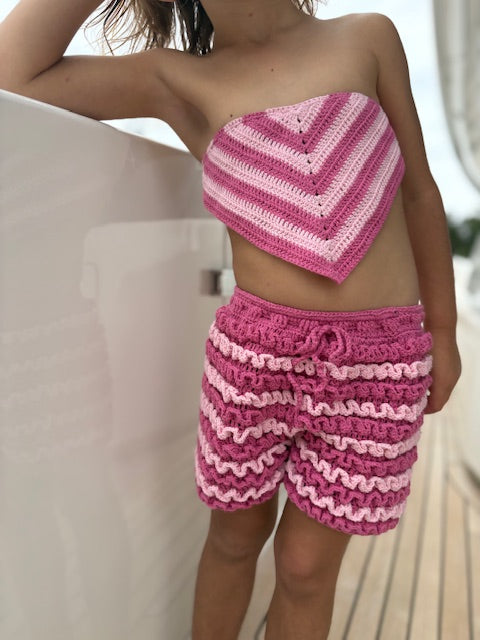 Bambina Ruffle Set with Bandana in Pink Crochet