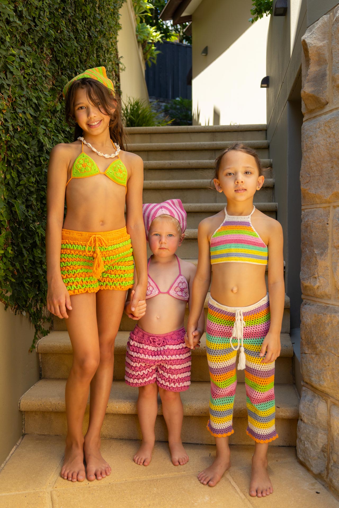 Bambina Ruffle Set with Bandana in Green & Orange Crochet