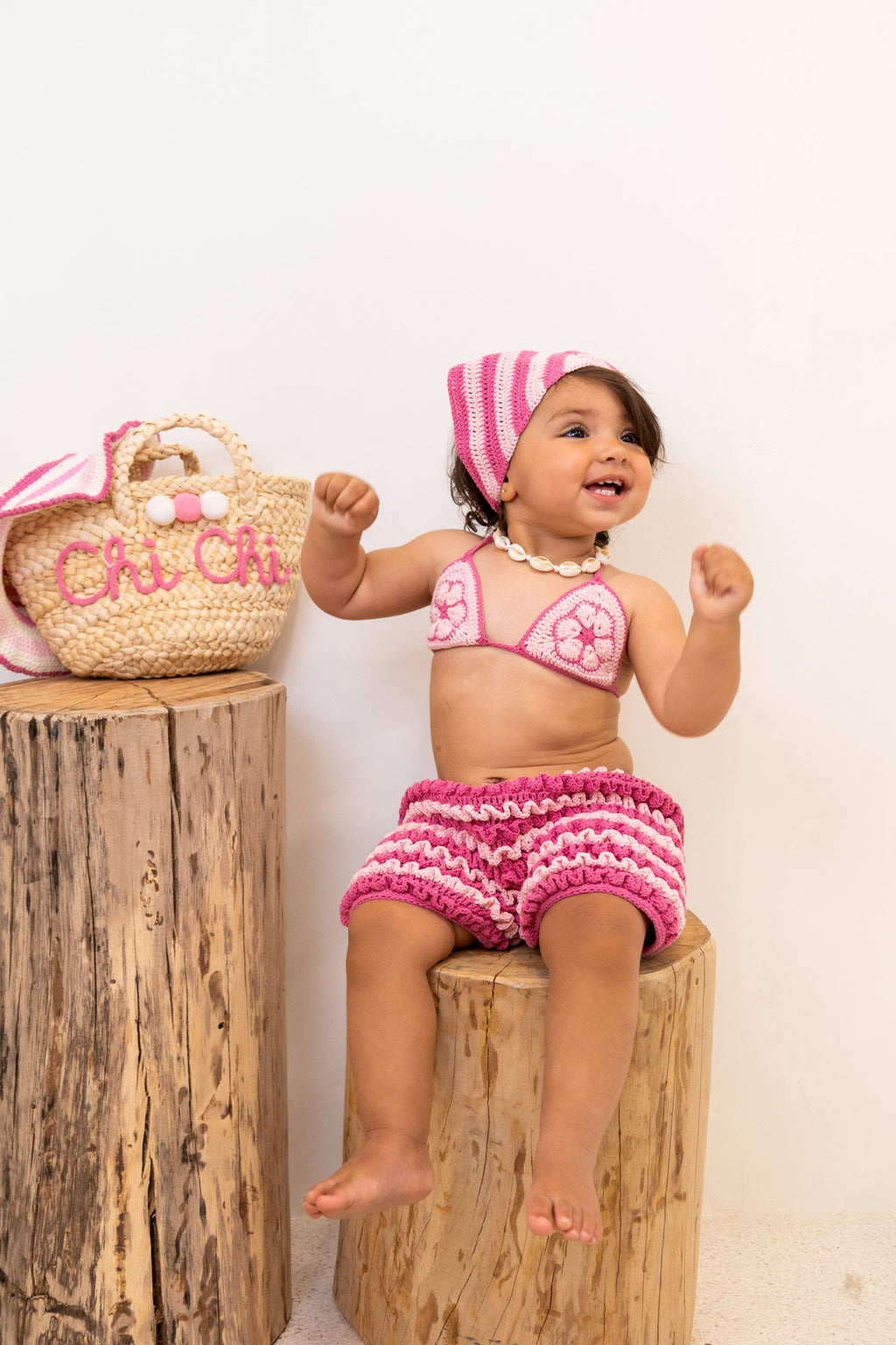 Bambina Ruffle Set with Bandana in Pink Crochet